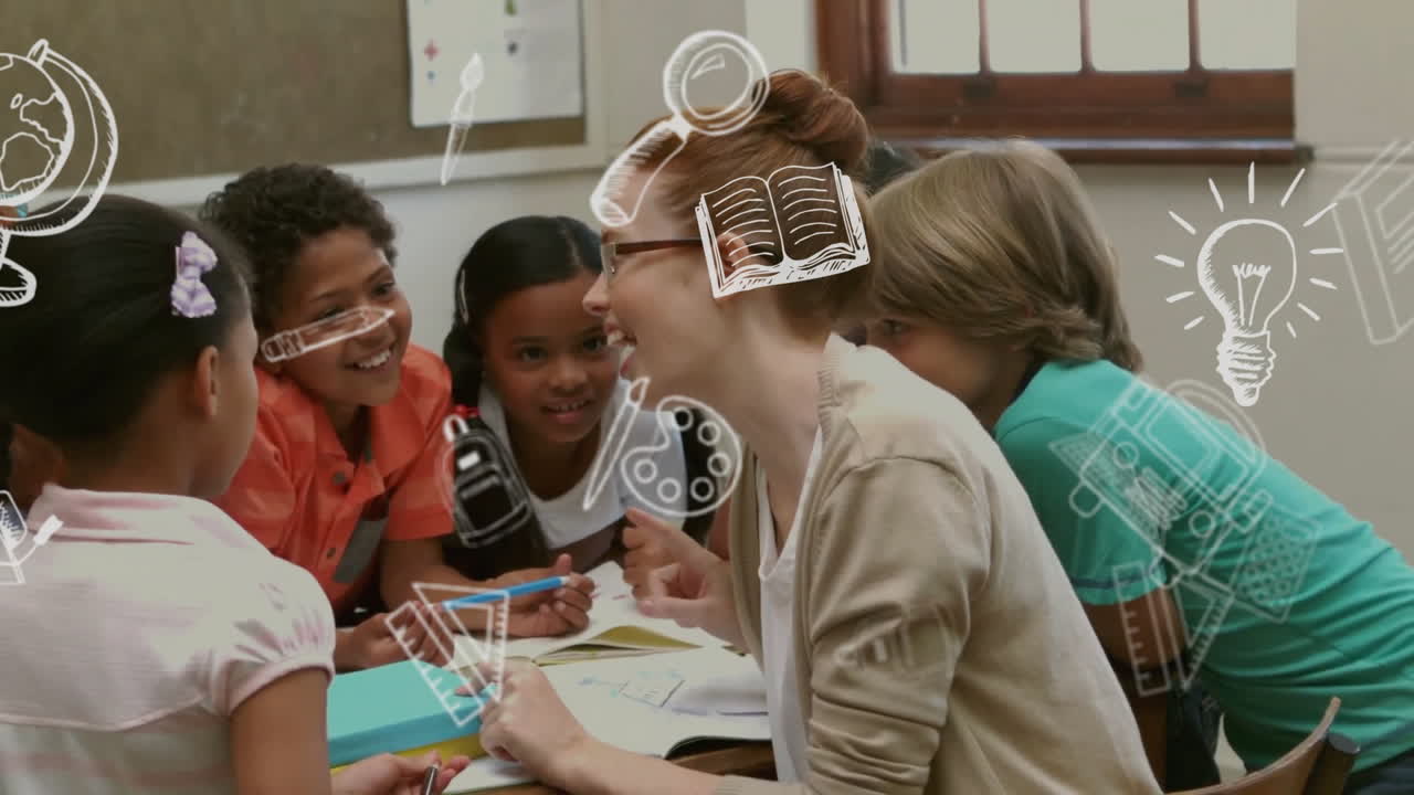 Studying together in school, group of children and teacher with educational icons animation