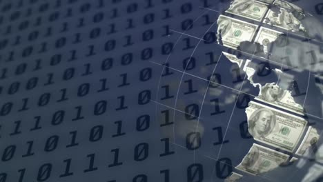 animación digital del globo de dólares estadounidenses girando contra el procesamiento de datos de codificación binaria