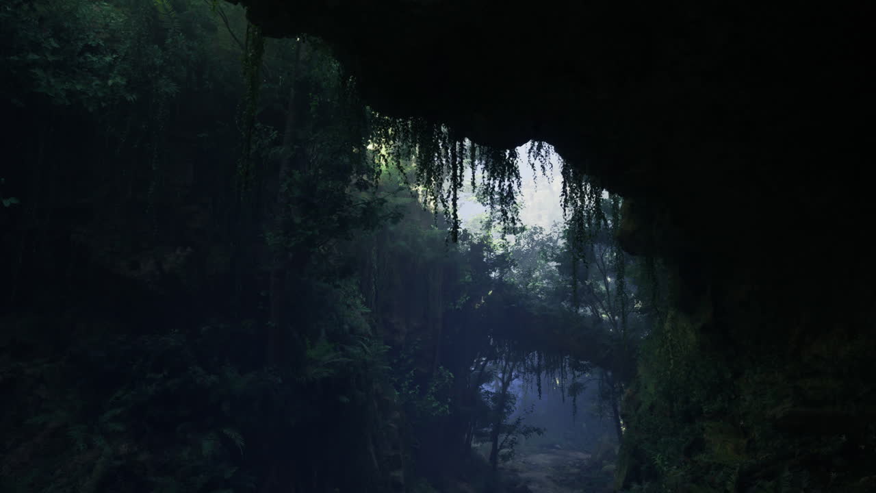 Mysterious cave entrance surrounded by lush greenery at dawn