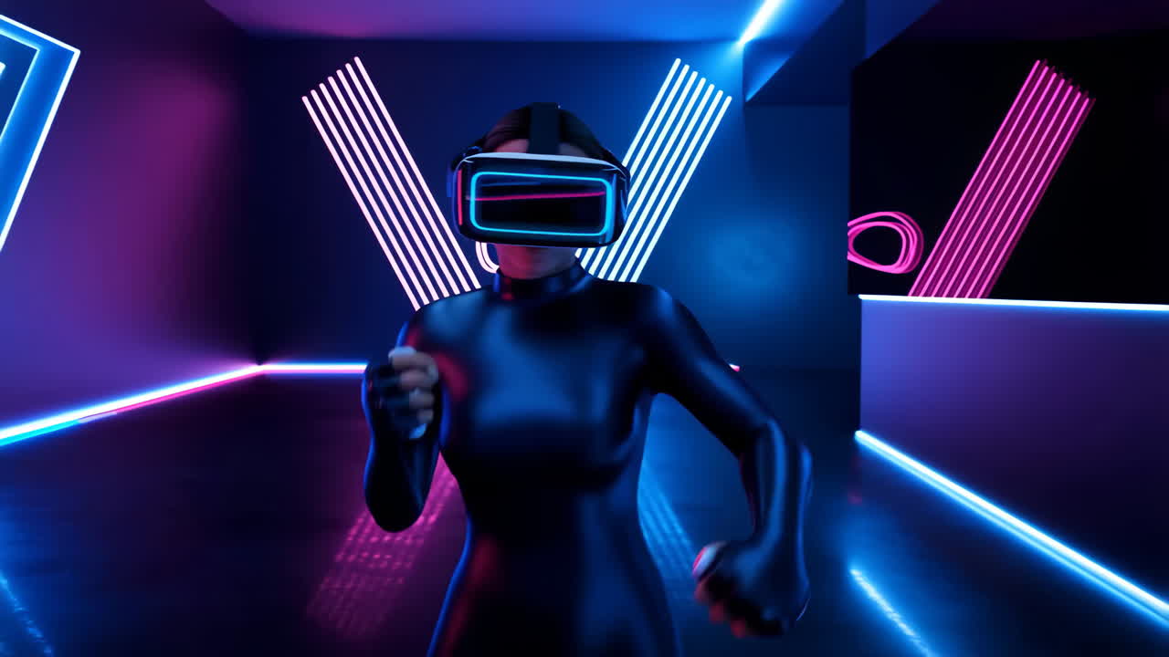 Person Experiencing Virtual Reality in a Neon Futuristic Setting