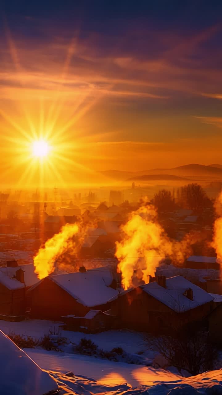 Dawn Breaks Over a Snow-Covered Village with Rising Steam, Capturing the Tranquility of Nature Amidst Winter's Embrace and the First Light of Day Illuminating the Frosty Landscape