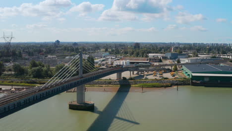 North-Arm-Bridge-In-Metro-Vancouver,-British-Columbia,-Canada---aerial-drone-shot