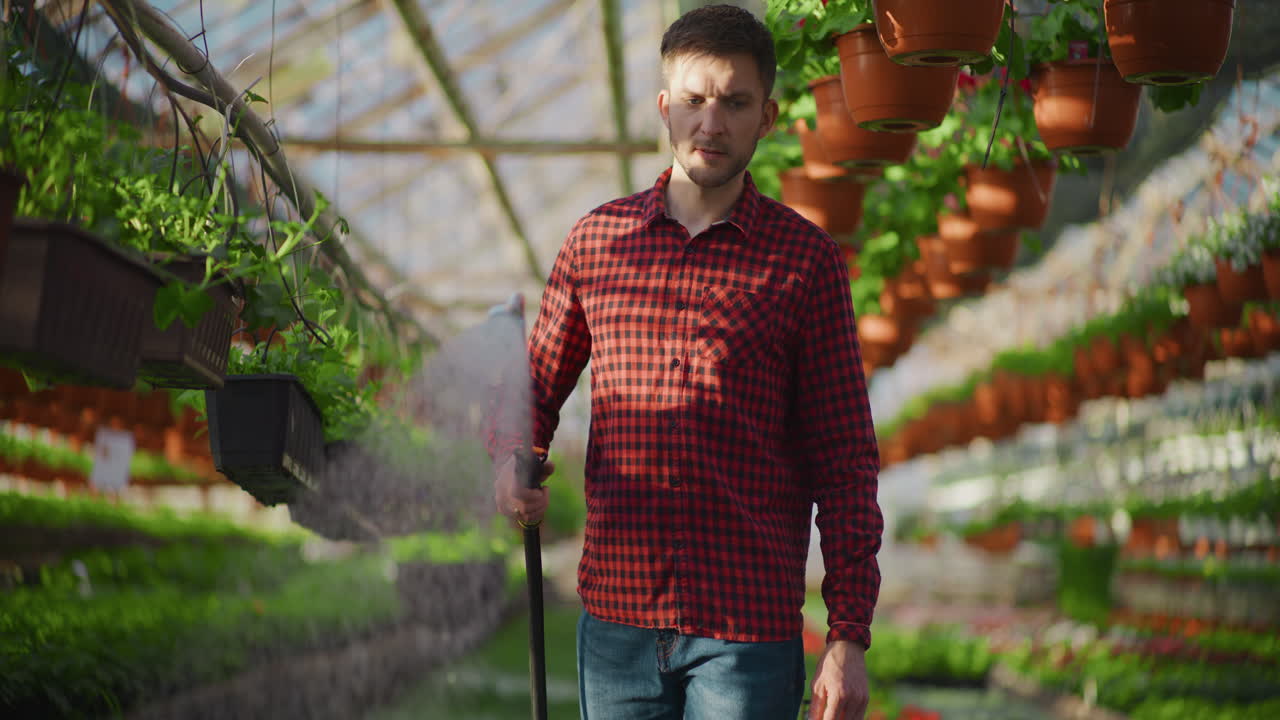 Gardener Watering Flowers in Greenhouse