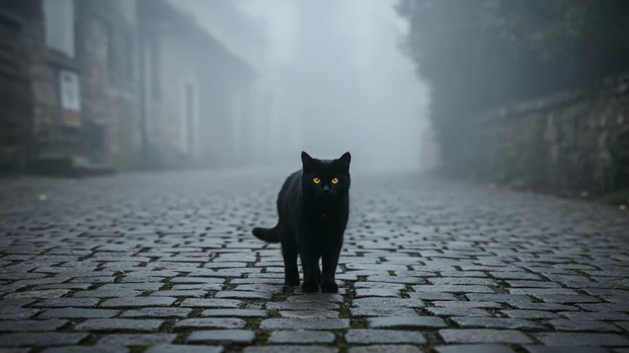 A Mysterious Black Cat Strolling Through a Foggy Cobblestone Street, Its Striking Yellow Eyes Shining in the Mist, Creating an Enigmatic Atmosphere