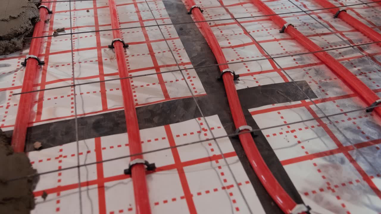 물 난방을 위한 바닥 난방 파이프 설치. 난방 시스템. 열 단열 바닥을 위한 파이프.