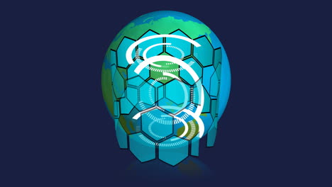 digital data processing elements and hexagonal patterns on animation globe