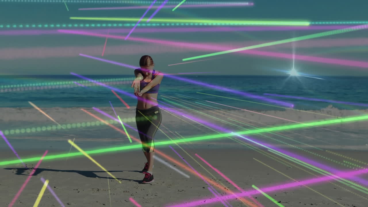Woman stretching on beach with colorful light streaks animation over scene
