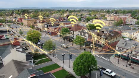 internet web and data speed signals overlays small town in usa