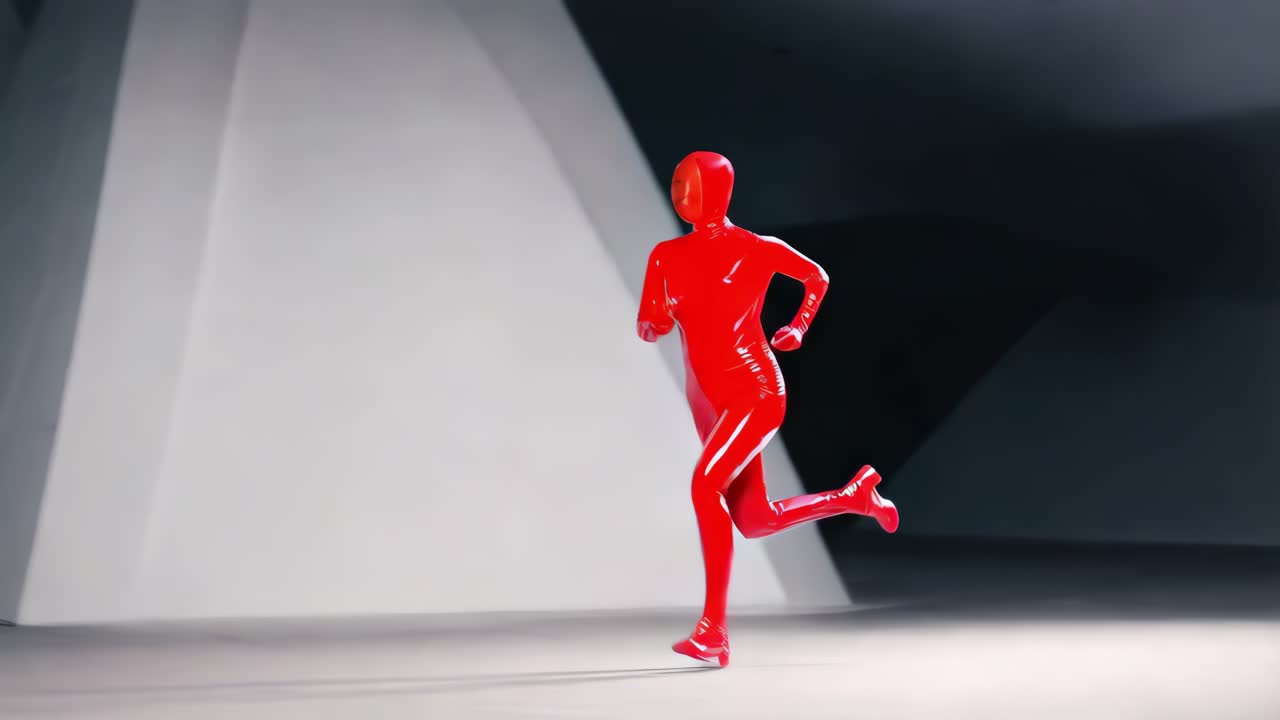 mujer en traje futurista rojo corriendo