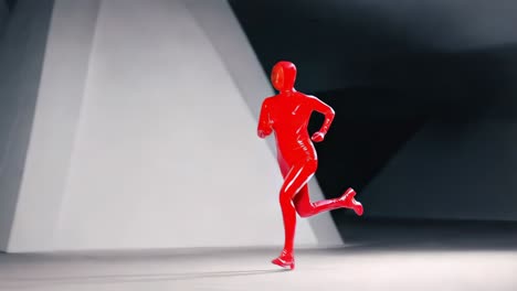 woman in red futuristic suit running