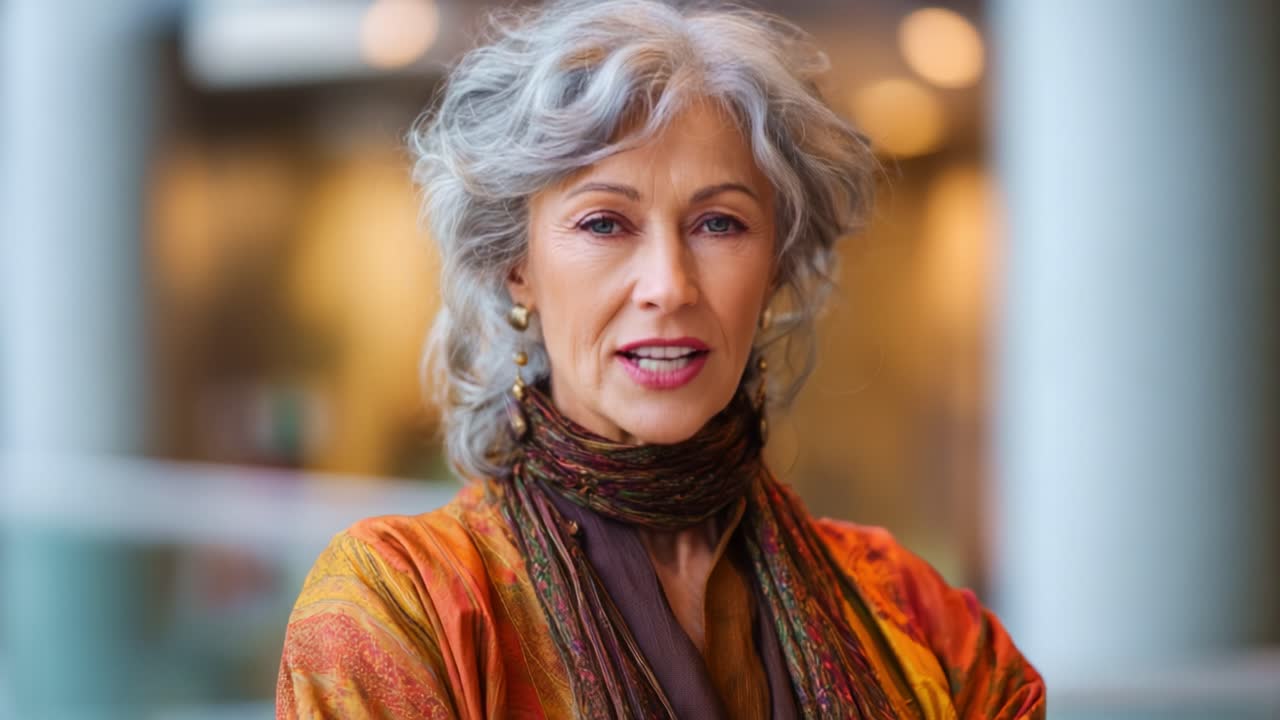 Una donna matura e sicura di sé, con capelli argentati e una sciarpa colorata, esprime determinazione e compostezza in un ambiente moderno, mettendo in mostra eleganza e saggezza attraverso la sua presenza.