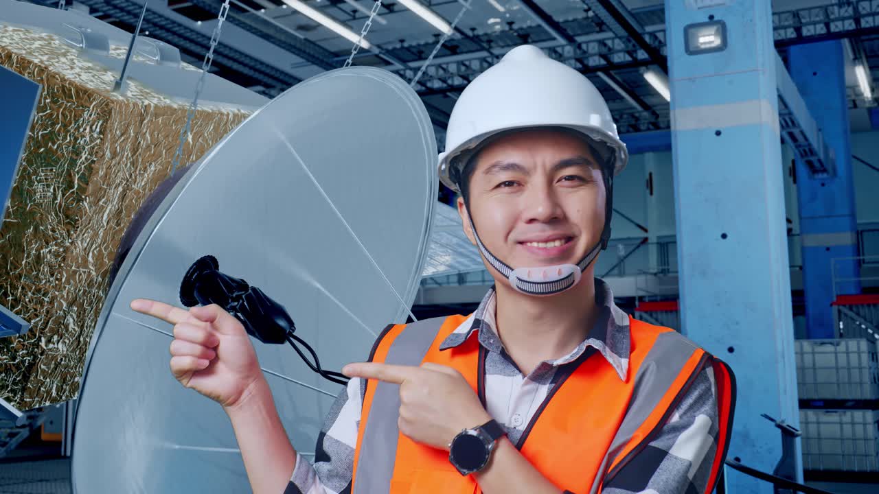 공장에서 위성 접시를 가리키는 엔지니어