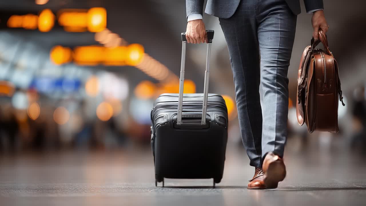Un viajero de negocios se desplaza por una terminal concurrida mientras arrastra una maleta y lleva un maletín de cuero, concentrado en su viaje.