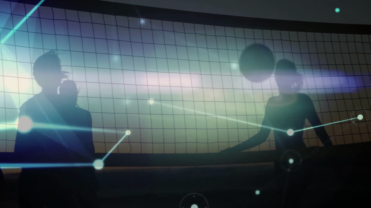 Volleyball players silhouetted with digital network animation overlay in action