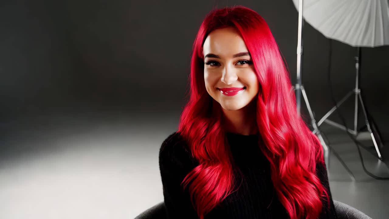 스튜디오 설정에서 빨간 머리카락을 가진 아름다운 여자