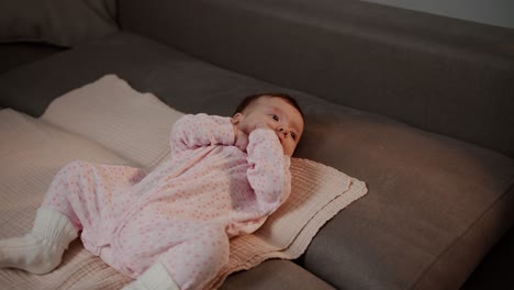 Side-view-of-a-little-girl-baby-in-a-pink-jumpsuit-lies-on-a-special-mat-on-the-sofa-in-a-modern-apartment.-Close-up-shot-of-a-little-girl-baby-in-a-pink-overalls-and-white-socks-lying-on-a-special-bedding-on-pillows-on-the-sofa