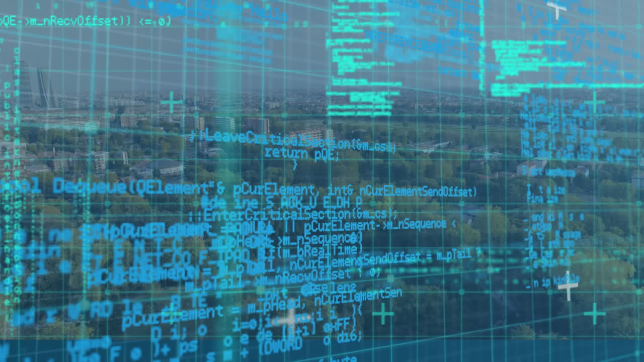Program codes and aerial view of a city