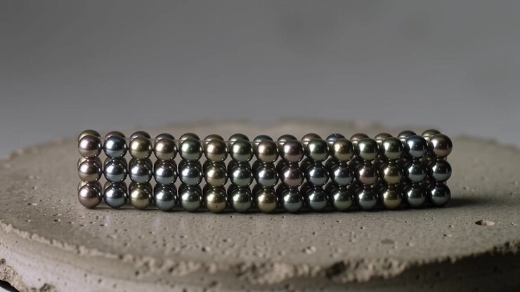 Panning camera revealing magnet bar on concrete display platform in studio, showing metallic sheen