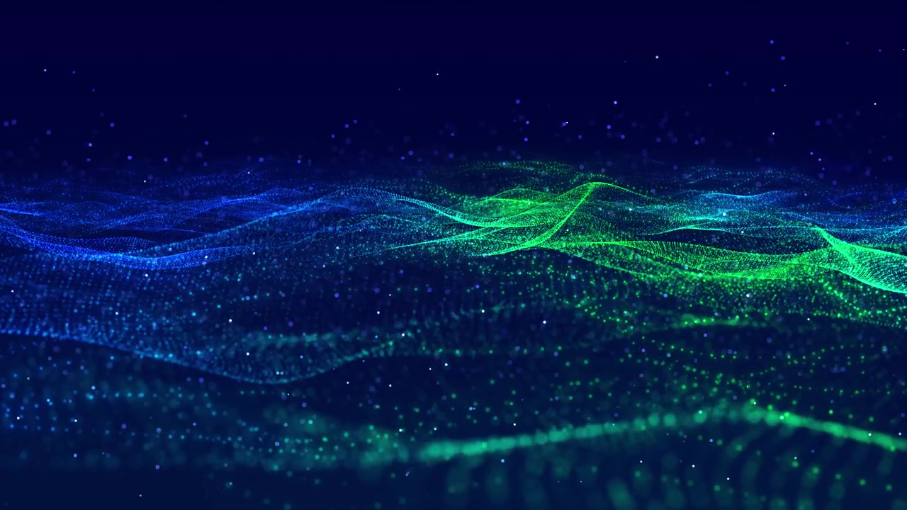 Digital mesh wave landscape visual with blue and green particle fields glowing flowing surface and