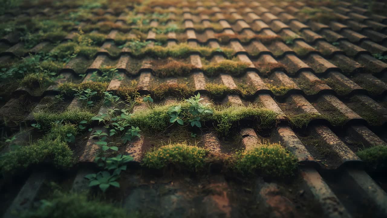 Panning camera from close-up upward across wavy roof tiles showing moss patches, broadleaf plants