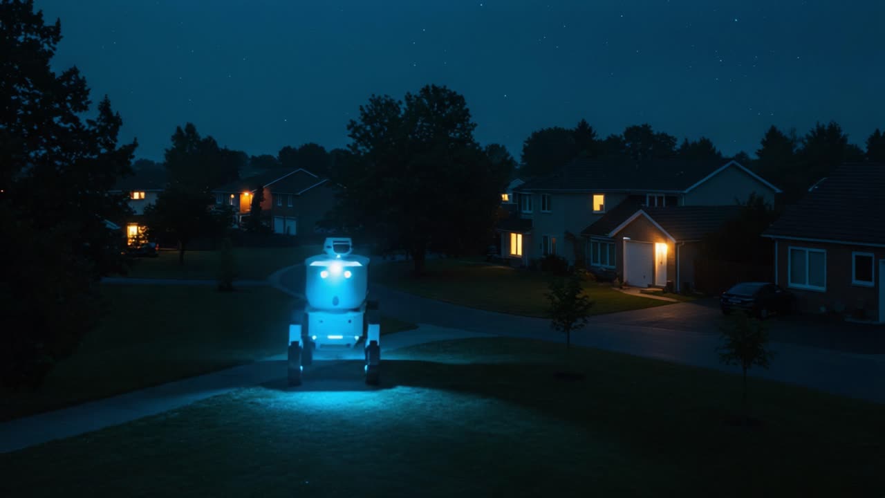 A Futuristic Robotic Guardian Patrols a Quiet Suburban Neighborhood at Night, Illuminating the Path with Its Powerful Spotlight Technology