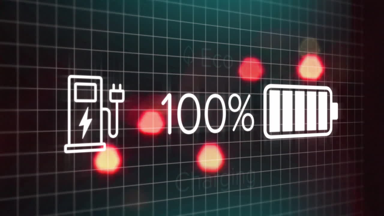 배터리 충전 애니메이션: 환경 친화적 인 기호와 100% 충전 지표