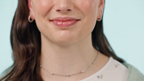 woman, teeth and hand pointing closeup