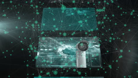 Animation of network of connections with digital screens on black background