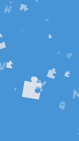 animación de rompecabezas y letras flotando sobre un fondo azul