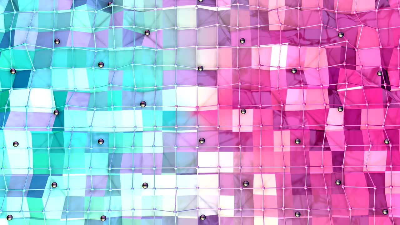 baja superficie polimétrica 3d con cuadrícula o malla voladora y esferas negras como fondo molecular. bajo fondo polimétrico geometrico suave de polígonos rojos azules puros.