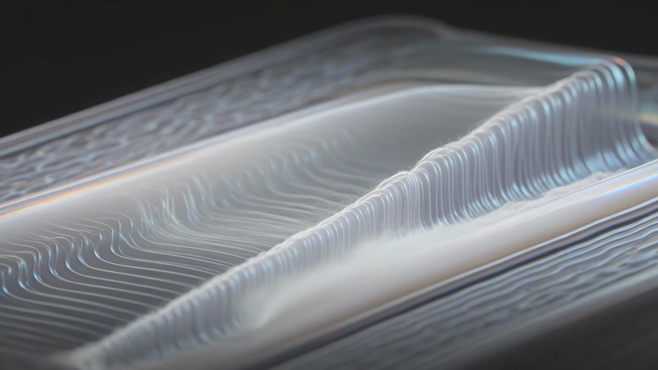 Showing translucent tray forming ridge bulge from waves, moving right in studio, glow lines
