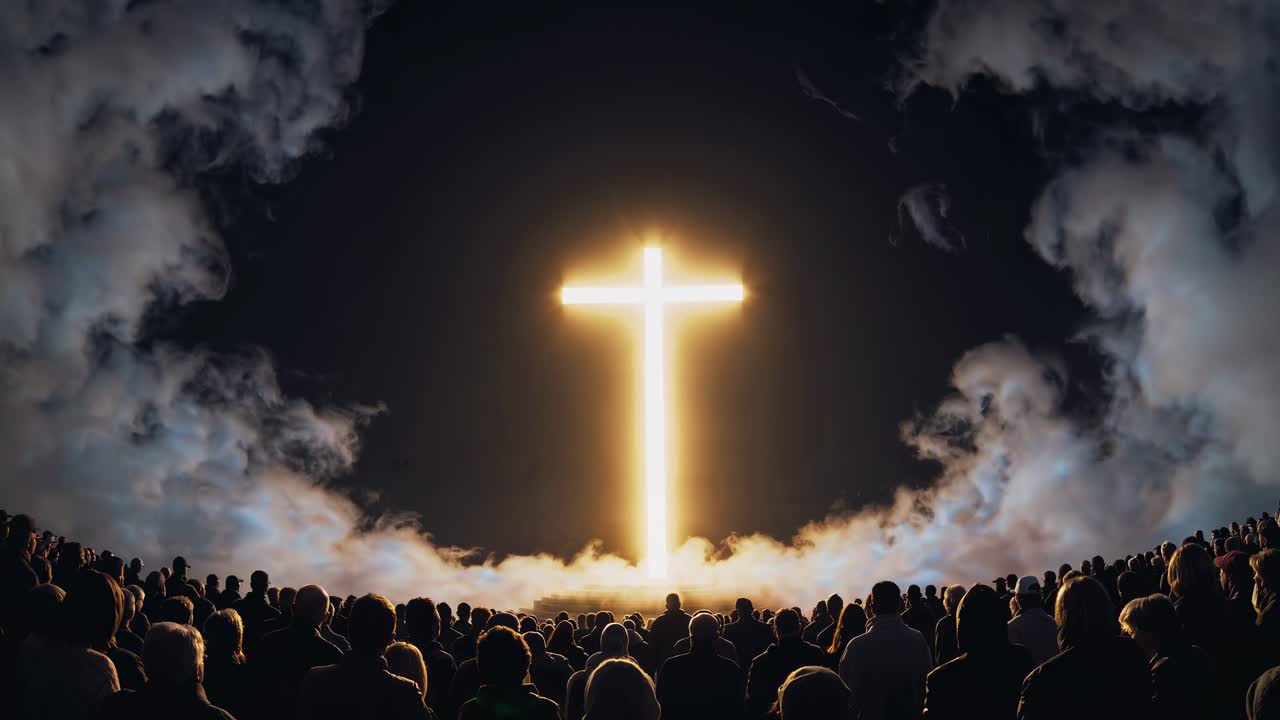 A video still of a glowing cross in the sky, surrounded by clouds, viewed from a low angle