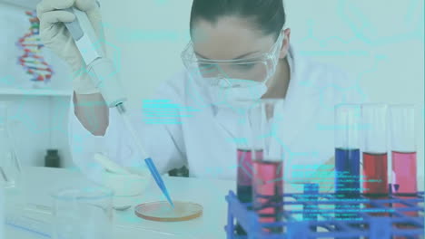 animation of scientific data processing over caucasian female scientist working in laboratory