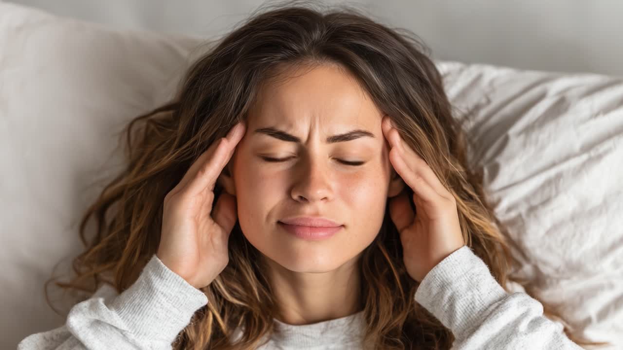 A Young Woman Experiencing Stress and Discomfort While Resting in Bed, Transitioning from Relaxation to Strain with a Hands-on Head Gesture