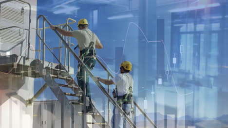 climbing stairs, construction workers with financial data animation over skyscrapers