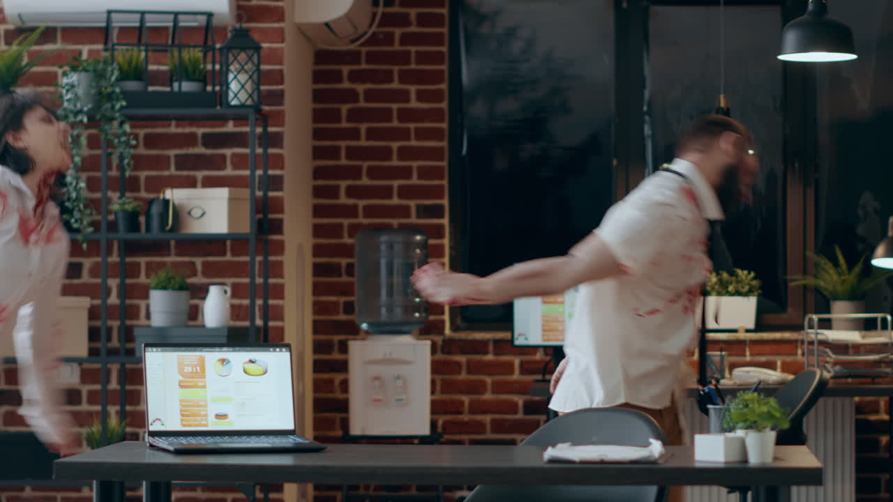 Crippled creepy zombies with bloody scars wandering around office