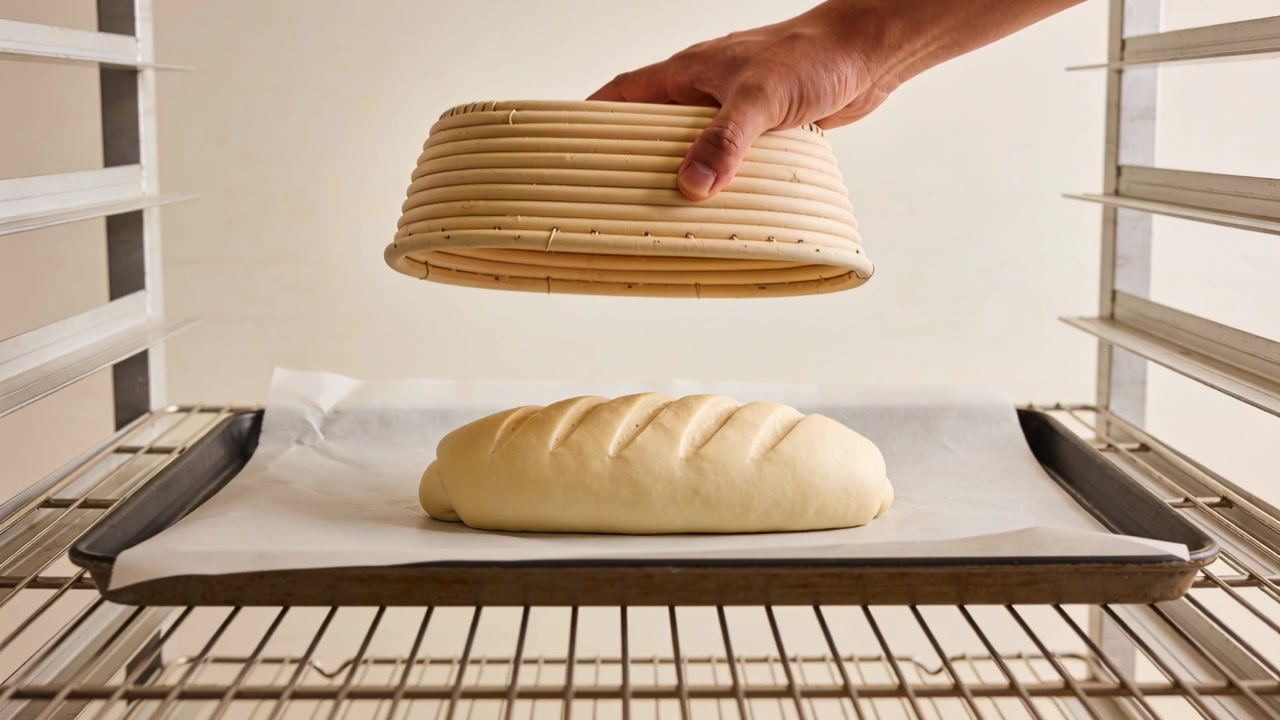Lifting male hand removing banneton, exposing scored loaf on tray at kitchen rack for baking