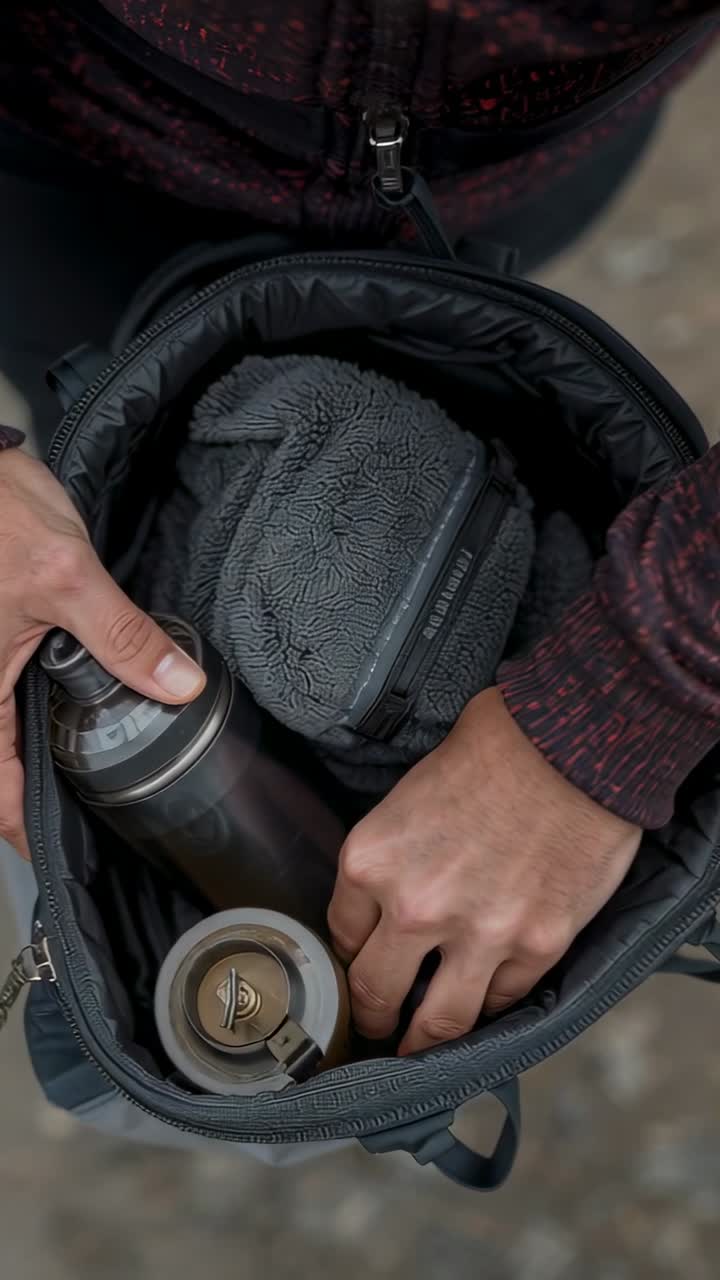 Vertical video: Unzipping man's hands holding pack, sorting bottle, tin and pouch on stone for trip