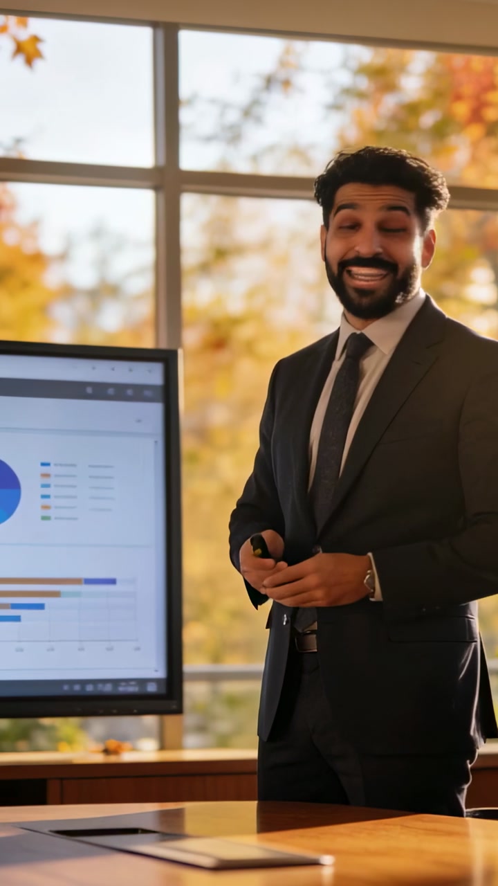 Male presenter pointing remote at display, activating pie, bar charts highlighting business growth