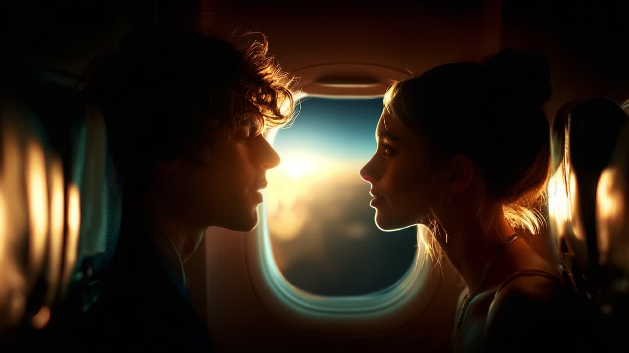A Captivating Moment of Connection: Silhouettes of Two People Sharing an Intimate Encounter Inside an Airplane with a Stunning Sunset Backdrop