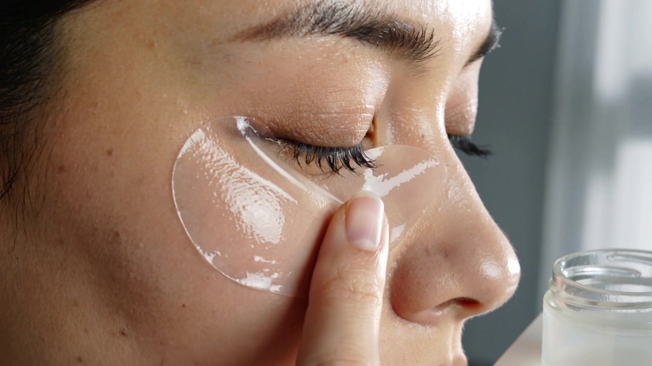 Placing patch woman pressing fingertip smoothing under-eye at vanity to remove air pockets