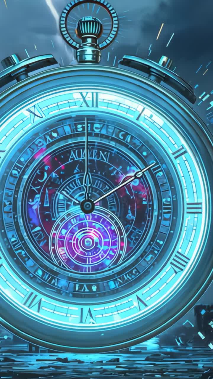 Vertical video: Flashing lightning bolt behind cyan stopwatch, rings rotating and core pulsating