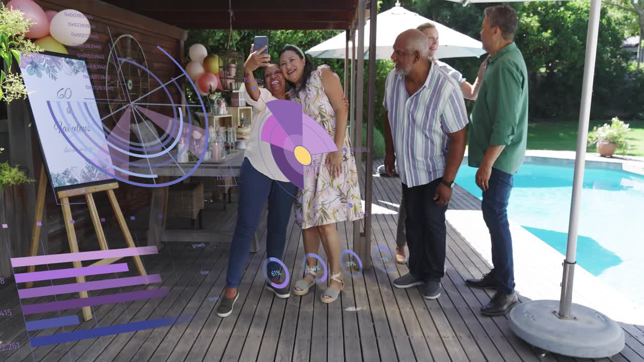 Celebrant calling for selfie for events, guests leaning, purple or yellow charts moving over faces