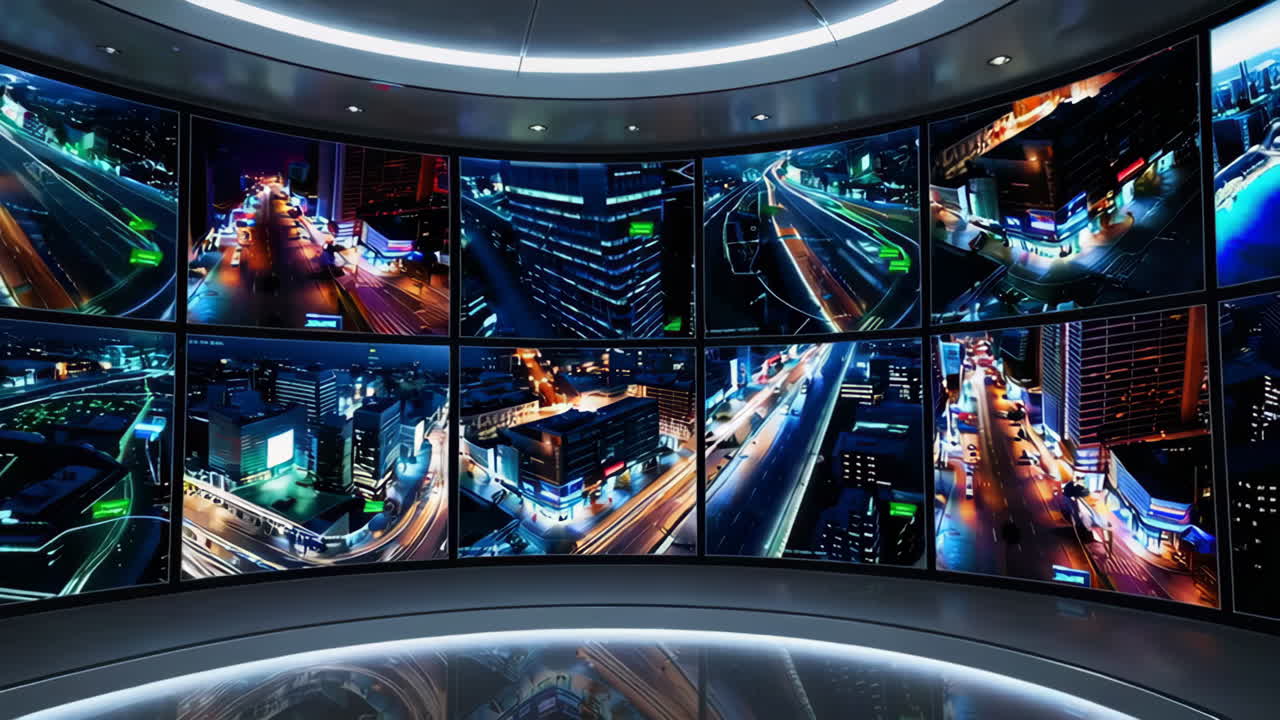 Modern Surveillance Control Room with City Views