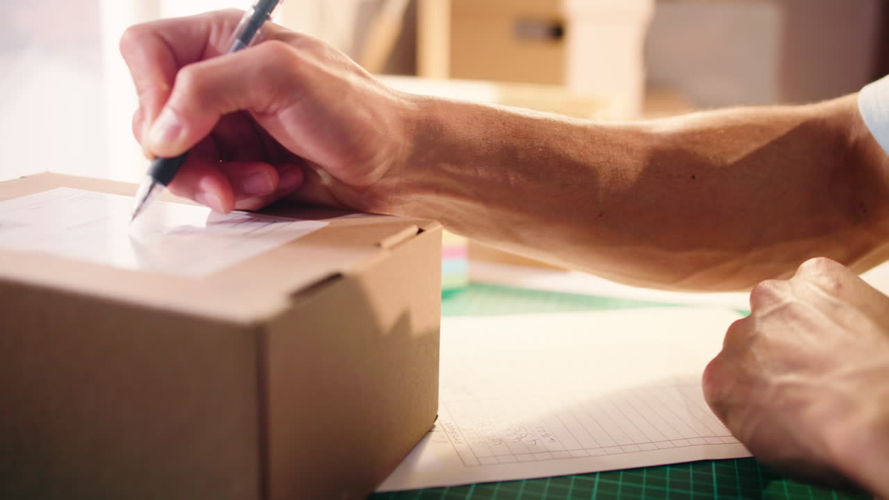 Close-up of Hand Writing on Paper Next to Cardboard Box