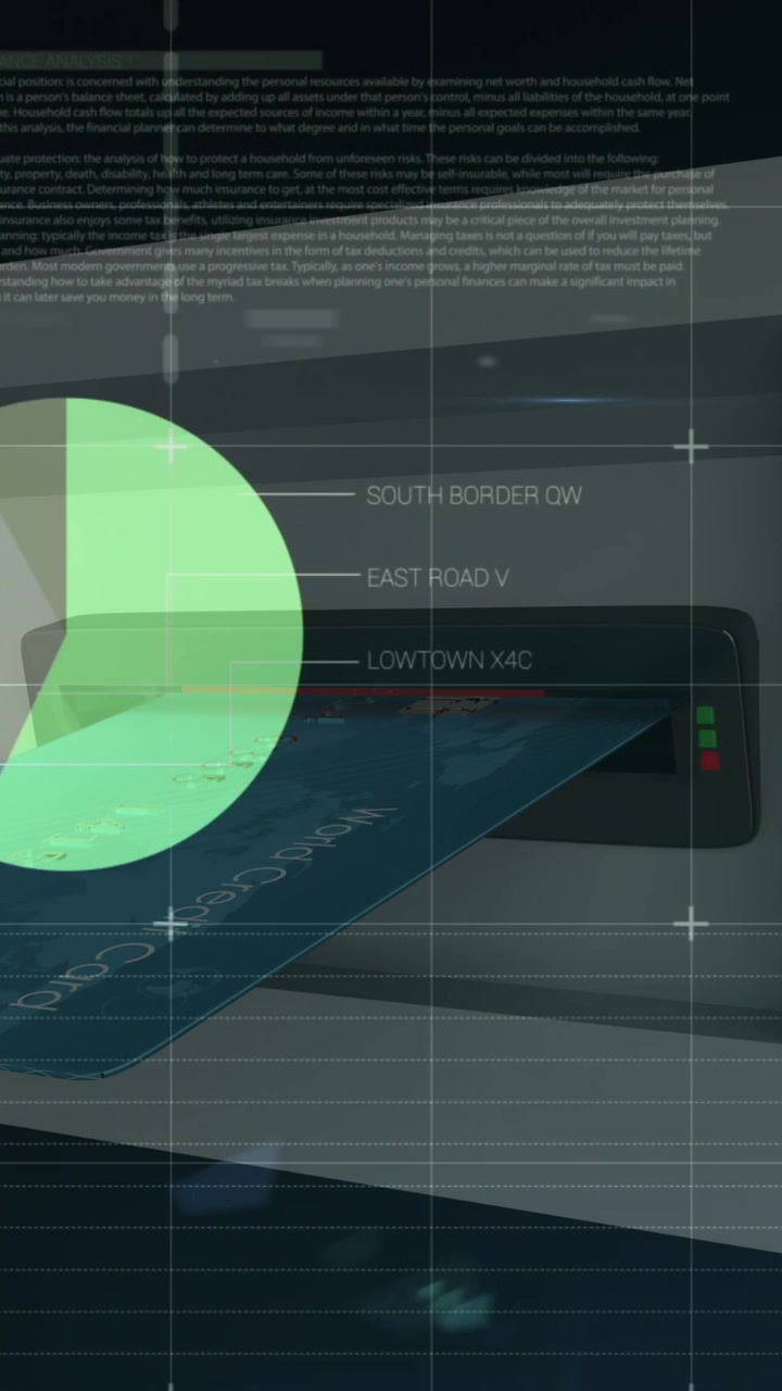 Animation of financial data processing over credit card insert into atm slot