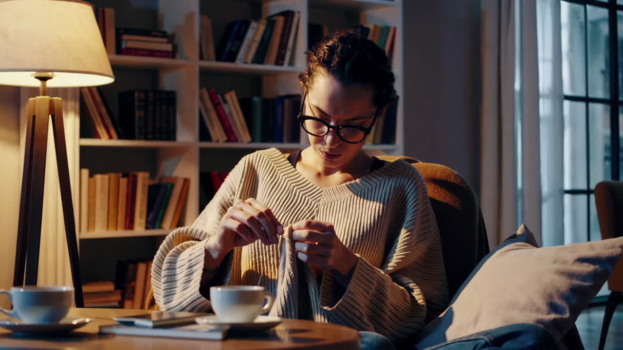 Woman Knitting in a Cozy Cafe