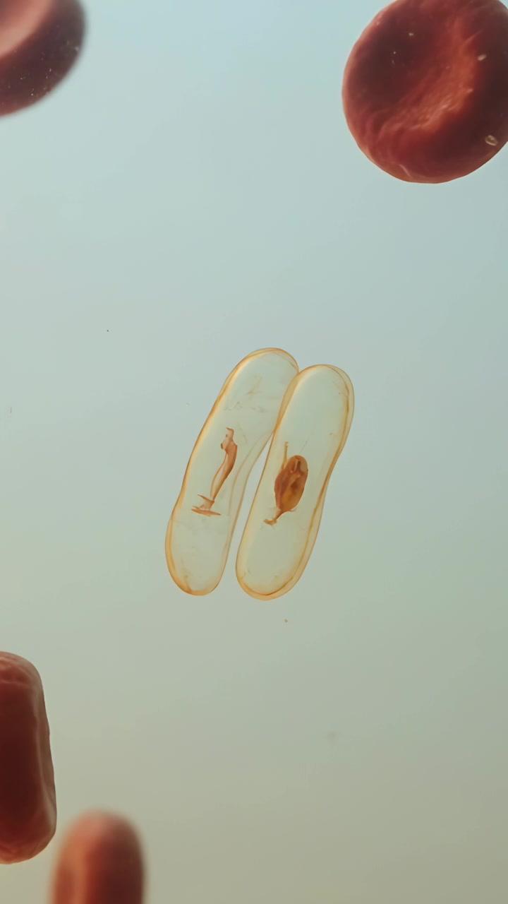 Video verticale: Capsula ovale rotante che si sposta su un vetrino, con il flusso che muove embrioni e globuli rossi.