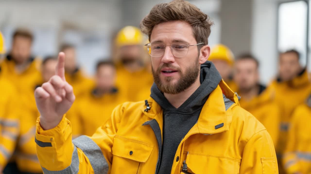 A leader in a bright yellow jacket passionately addresses a group, emphasizing key points while others in similar attire attentively listen in the background