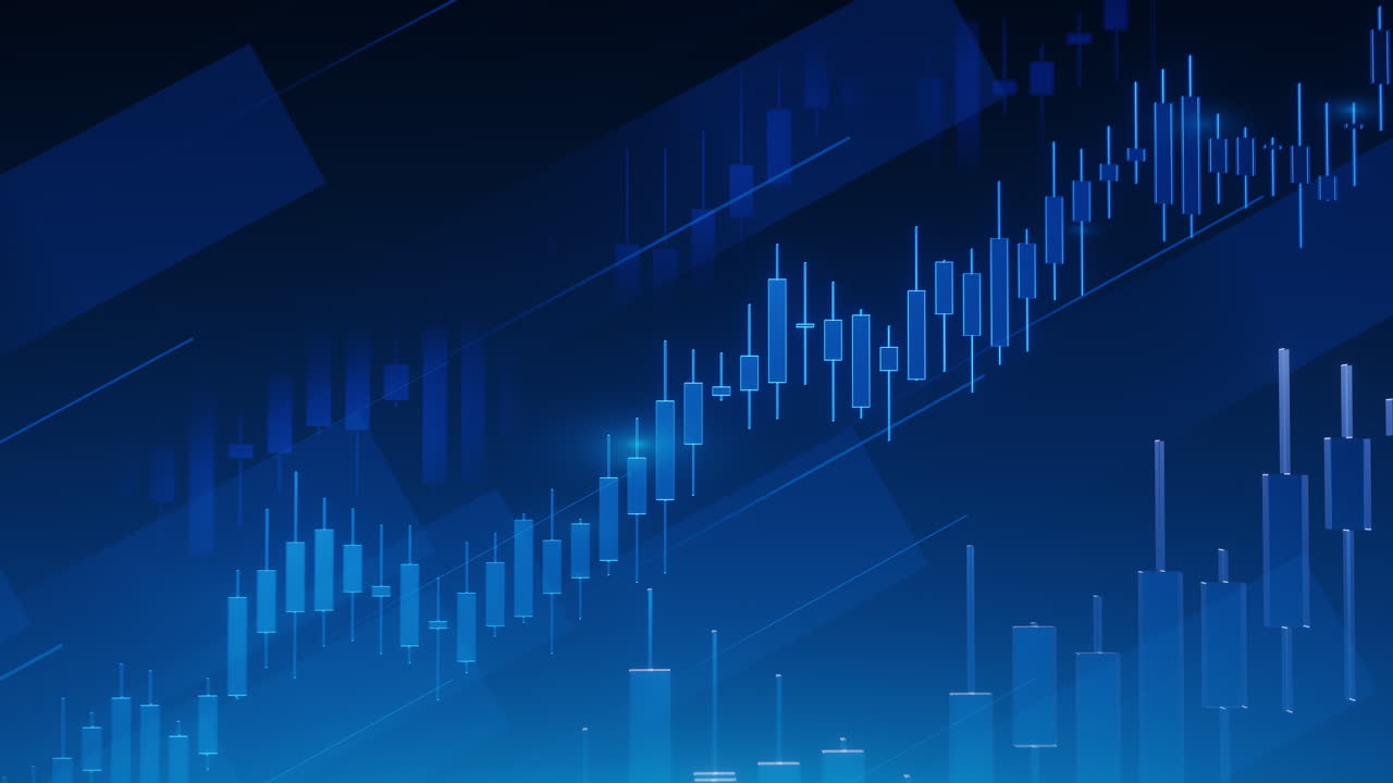 Stock market background for finance trading. Candlestick chart graph shows growth data analysis investment trend progress. Dynamic digital technology, blue dark, modern sleek, global online market success